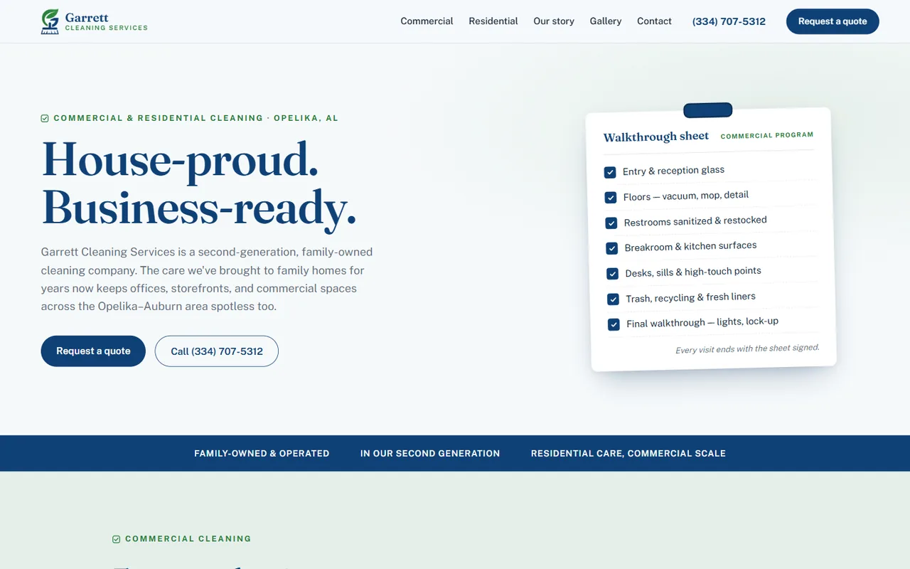 garrettcleaningservices.com — navy-and-green cleaning-company website with a commercial walkthrough checklist