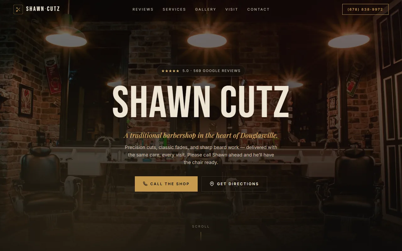 shawncutz.com — dark barbershop website with a 5.0-star, 569-review Google badge over a photo of the shop
